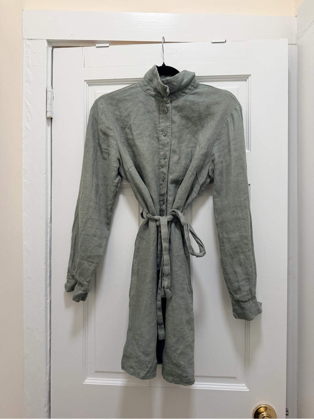 Button-Front Linen Dress with Waist Tie